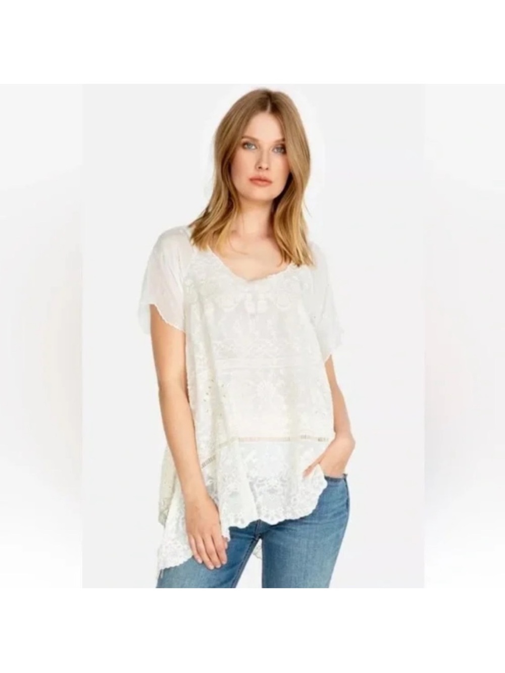 Johnny Was Sutera Cream Embroidered Tunic Top